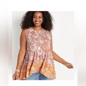 Maurices Orange Floral Print Sleeveless Tiered Hi-Low Dressy Top